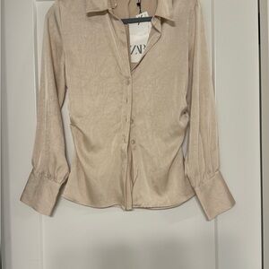 Zara Cream Button Down Shirt Fitted Notched Collar